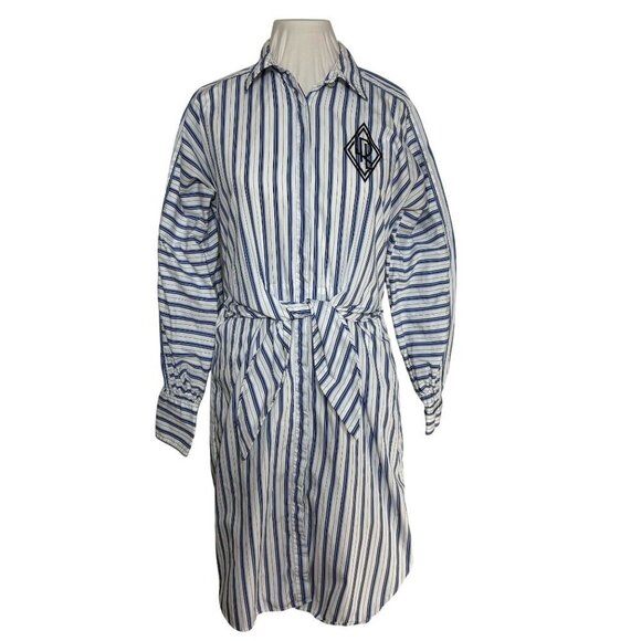 Lauren Ralph Lauren Broadcloth Blue White Striped Shirt Dress Tie  Embroidered 8 - Picture 1 of 12